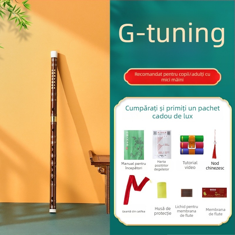 Flaut de bambus pentru începători, destinat elevilor din școala primară, note C D E F G, include geantă din flanelă