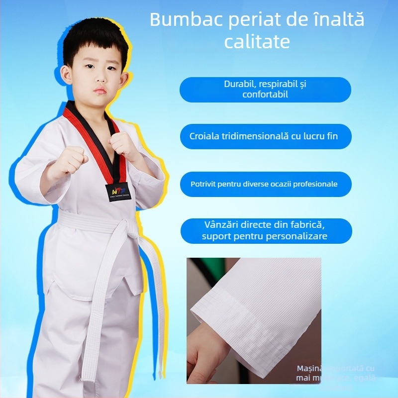 Uniformă Taekwondo pentru copii și adulți, cu mâneci lungi și scurte, culoare solidă, exterior din bumbac-amestec 65%, căptușeală din bumbac