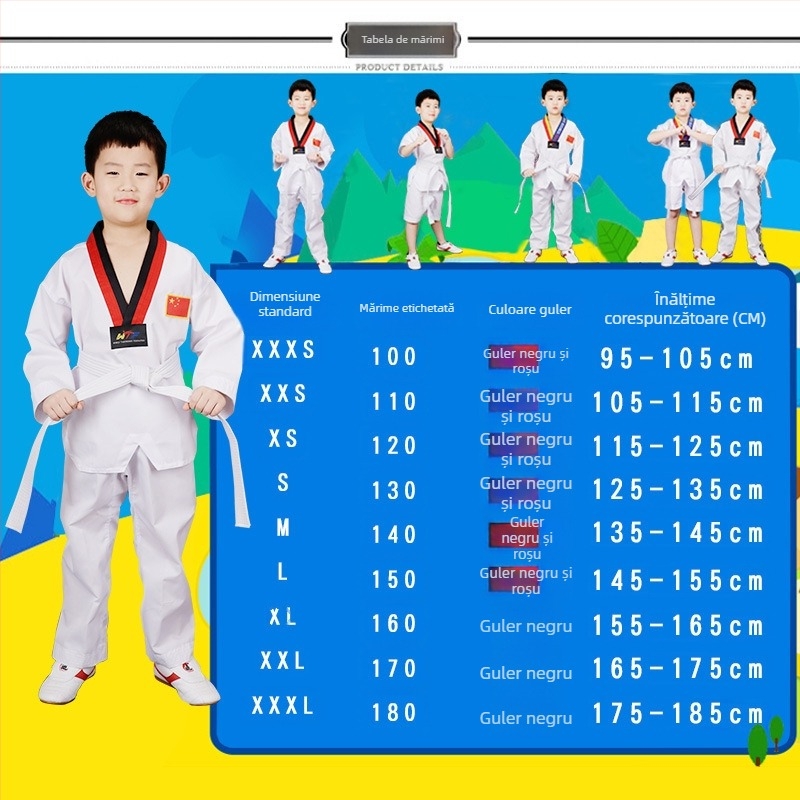 Uniformă Taekwondo pentru copii și adulți, cu mâneci lungi și scurte, culoare solidă, exterior din bumbac-amestec 65%, căptușeală din bumbac