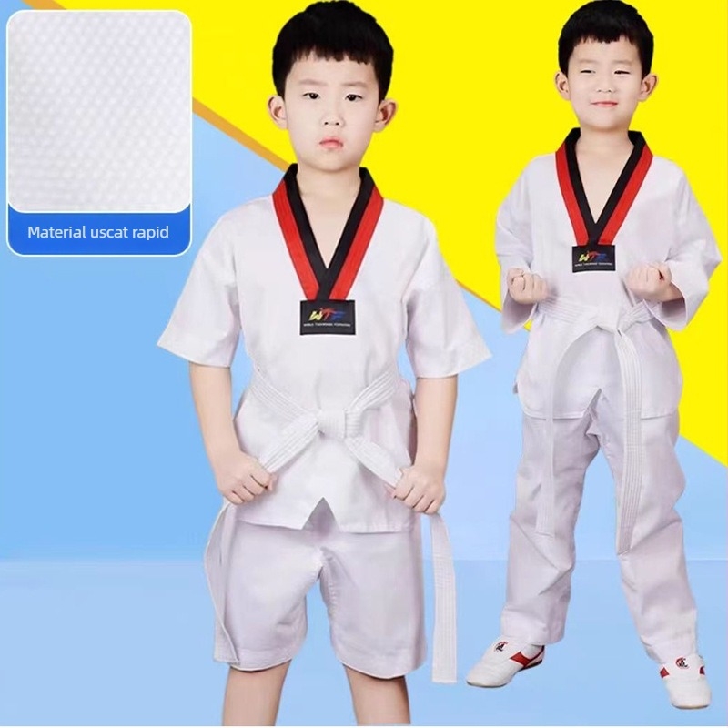 Uniformă Taekwondo pentru copii și adulți, cu mâneci lungi și scurte, culoare solidă, exterior din bumbac-amestec 65%, căptușeală din bumbac