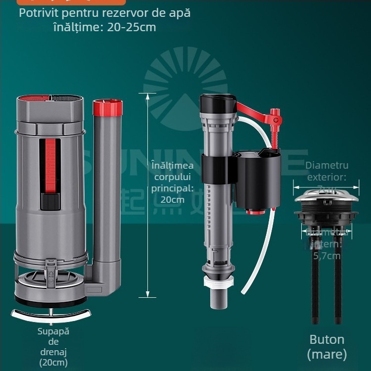 Ventil de umplere a rezervorului de toaletă, ventil universal de drenaj superior, ABS, acționare prin apăsare manuală, drenaj pe podea