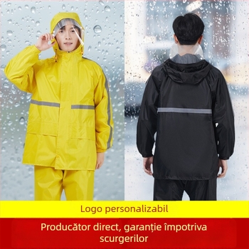 Set impermeabil pentru adulți: haină de ploaie despărțită și pantaloni, material Oxford, strat impermeabil PVC, glugă cu margine dublă și buzunar mare.