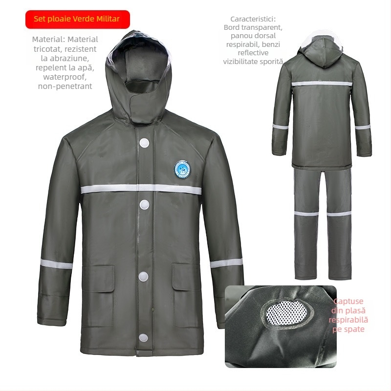 Set poncho ploaie și pantaloni, design split, țesătură PVC cu acoperire PU, grosime robustă, pentru adulți bicicliști