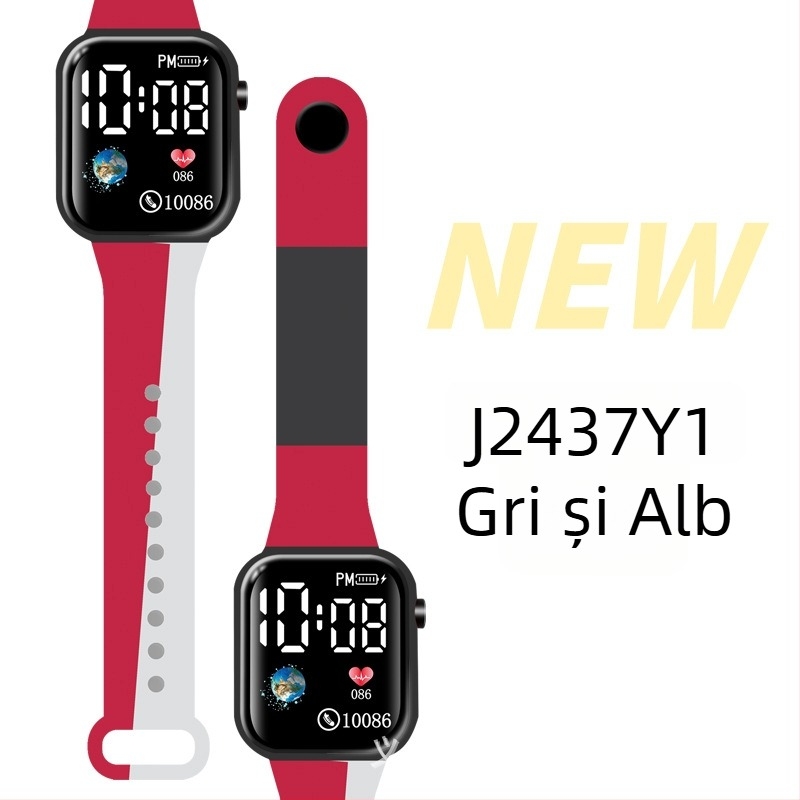 Ceas LED digital pentru sporturi în aer liber și pentru elevi, carcasă pătrată din plastic, ecran digital, mișcare electronică, curea din plastic