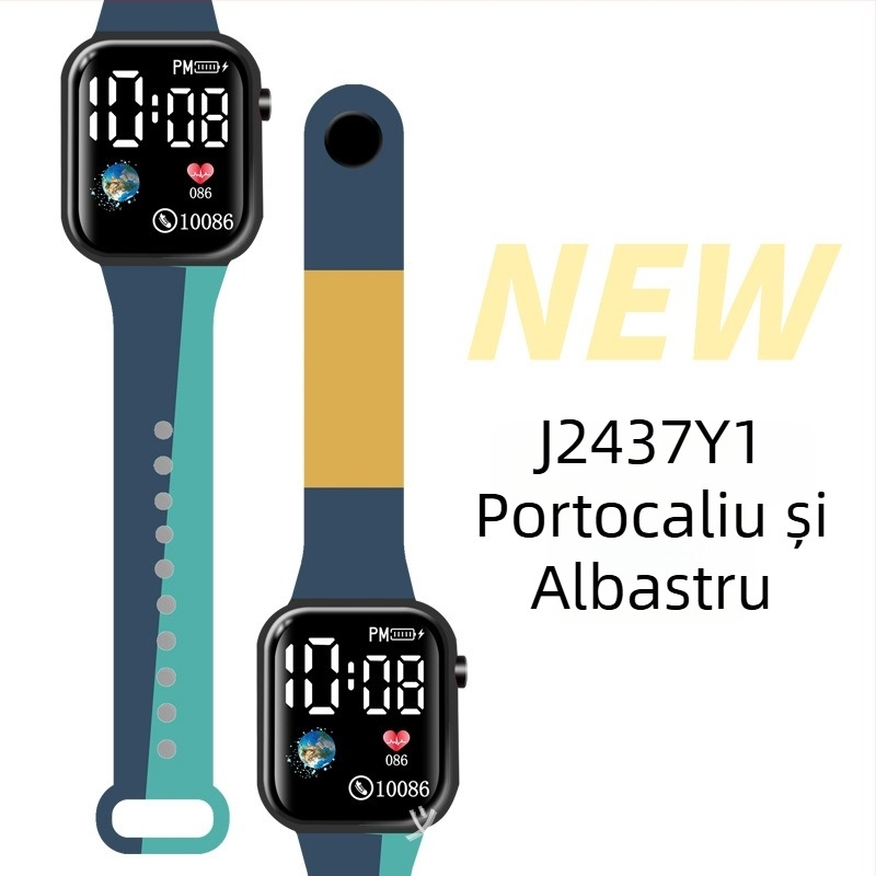 Ceas LED digital pentru sporturi în aer liber și pentru elevi, carcasă pătrată din plastic, ecran digital, mișcare electronică, curea din plastic