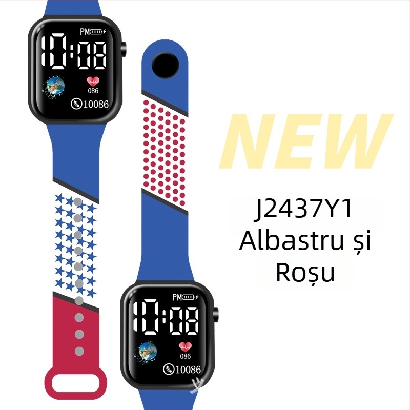 Ceas LED digital pentru sporturi în aer liber și pentru elevi, carcasă pătrată din plastic, ecran digital, mișcare electronică, curea din plastic