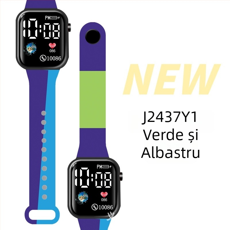 Ceas LED digital pentru sporturi în aer liber și pentru elevi, carcasă pătrată din plastic, ecran digital, mișcare electronică, curea din plastic