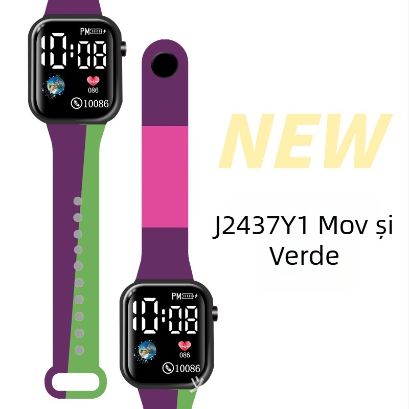 Ceas LED digital pentru sporturi în aer liber și pentru elevi, carcasă pătrată din plastic, ecran digital, mișcare electronică, curea din plastic