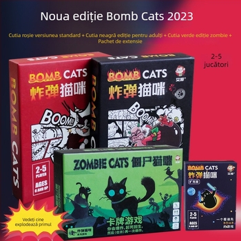 Joc de masă cu cărți, temă pisică explozivă-zombie, material hârtie, pentru vârste între 7–60.
