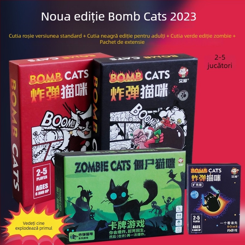 Joc de masă cu cărți, temă pisică explozivă-zombie, material hârtie, pentru vârste între 7–60.