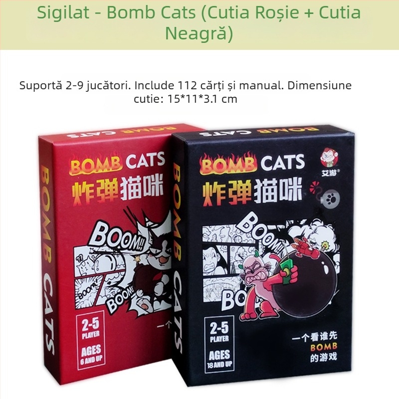 Joc de masă cu cărți, temă pisică explozivă-zombie, material hârtie, pentru vârste între 7–60.