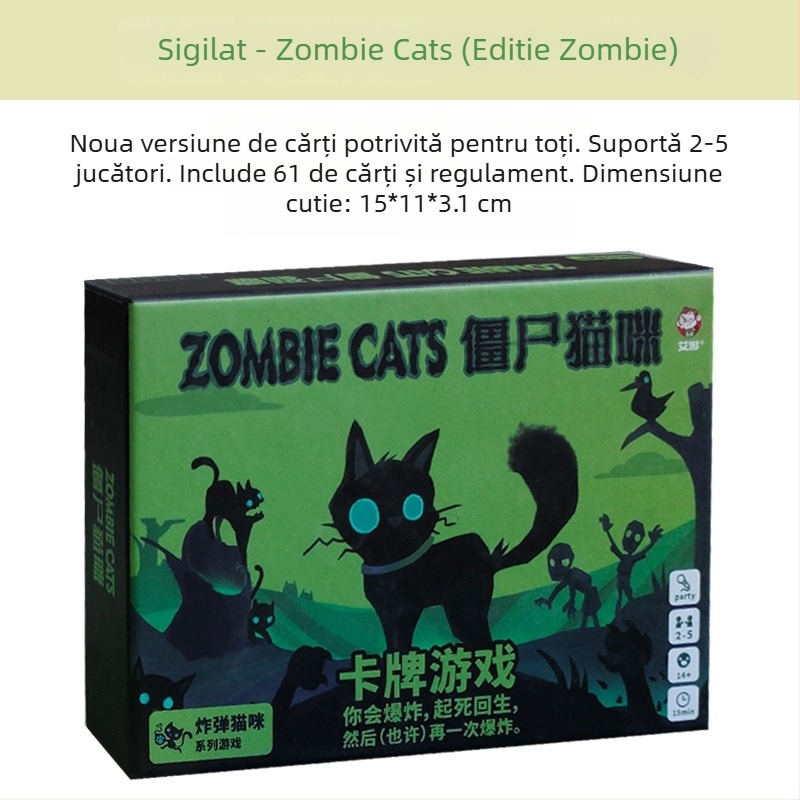 Joc de masă cu cărți, temă pisică explozivă-zombie, material hârtie, pentru vârste între 7–60.