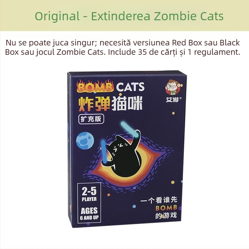 Joc de masă cu cărți, temă pisică explozivă-zombie, material hârtie, pentru vârste între 7–60.