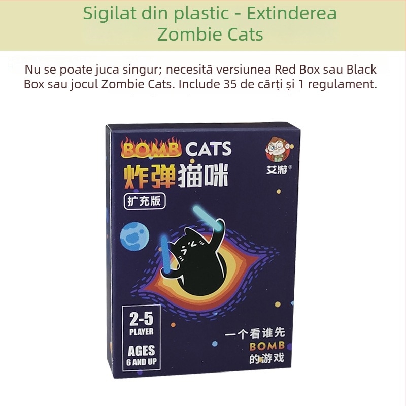 Joc de masă cu cărți, temă pisică explozivă-zombie, material hârtie, pentru vârste între 7–60.