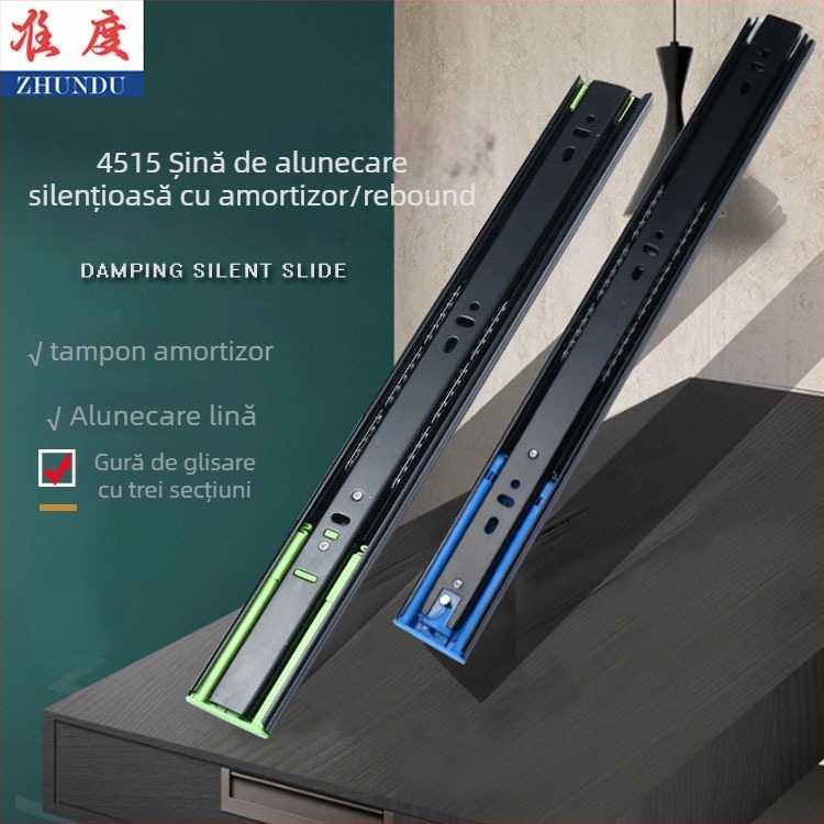 Glisier sertar cu amortizare, trei secțiuni, ghid cu bile din oțel, model H12b, material: oțel, finisaje: electroforeză, galvanizare electro, șlefuire