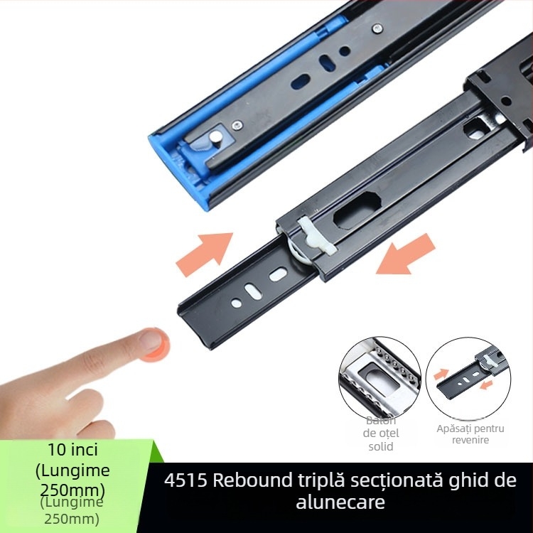 Glisier sertar cu amortizare, trei secțiuni, ghid cu bile din oțel, model H12b, material: oțel, finisaje: electroforeză, galvanizare electro, șlefuire