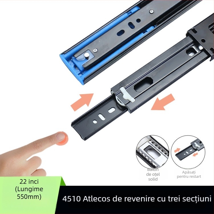 Glisier sertar cu amortizare, trei secțiuni, ghid cu bile din oțel, model H12b, material: oțel, finisaje: electroforeză, galvanizare electro, șlefuire