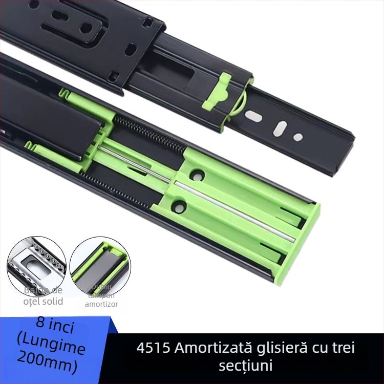 Glisier sertar cu amortizare, trei secțiuni, ghid cu bile din oțel, model H12b, material: oțel, finisaje: electroforeză, galvanizare electro, șlefuire