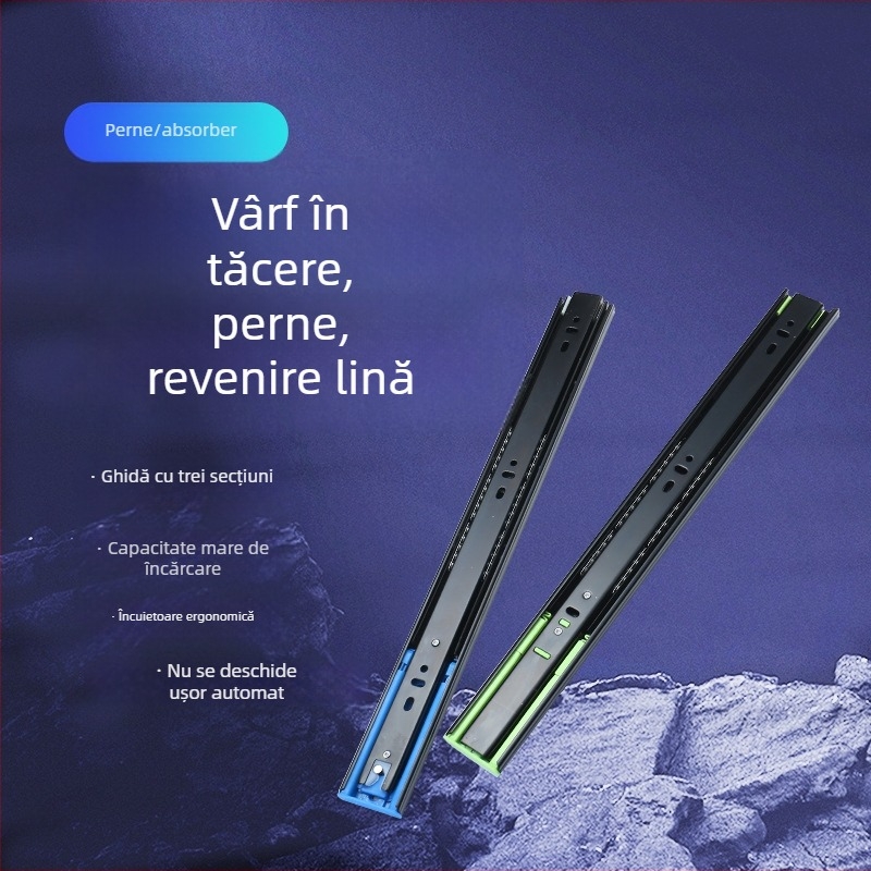 Glisier sertar cu amortizare, trei secțiuni, ghid cu bile din oțel, model H12b, material: oțel, finisaje: electroforeză, galvanizare electro, șlefuire