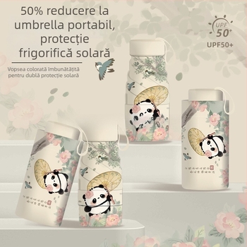 Umbrelă pliabilă pentru copii, cu design Panda, deschidere/închidere manuală, ramă cu 12 spițe, mâner din aluminiu