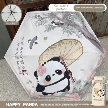Umbrelă pliabilă pentru copii, cu design Panda, deschidere/închidere manuală, ramă cu 12 spițe, mâner din aluminiu