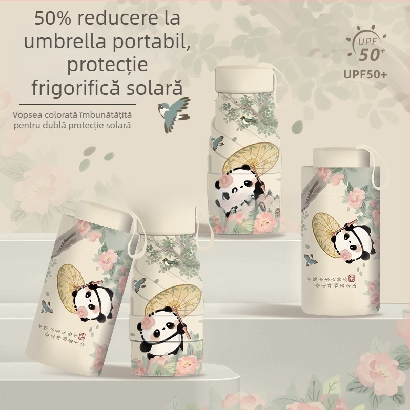 Umbrelă pliabilă pentru copii, cu design Panda, deschidere/închidere manuală, ramă cu 12 spițe, mâner din aluminiu