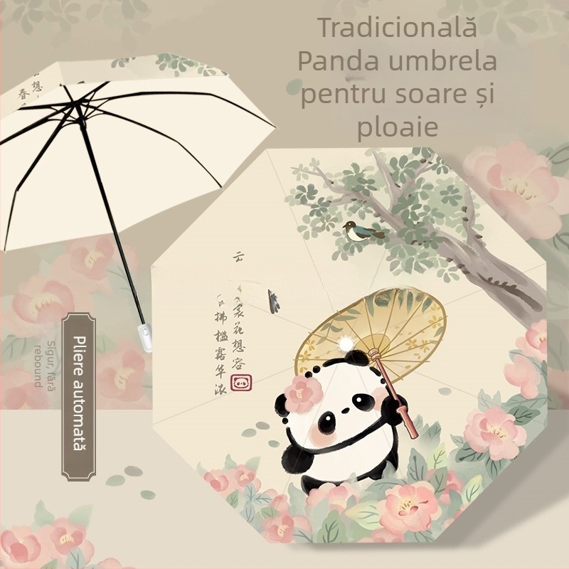 Umbrelă pliabilă pentru copii, cu design Panda, deschidere/închidere manuală, ramă cu 12 spițe, mâner din aluminiu