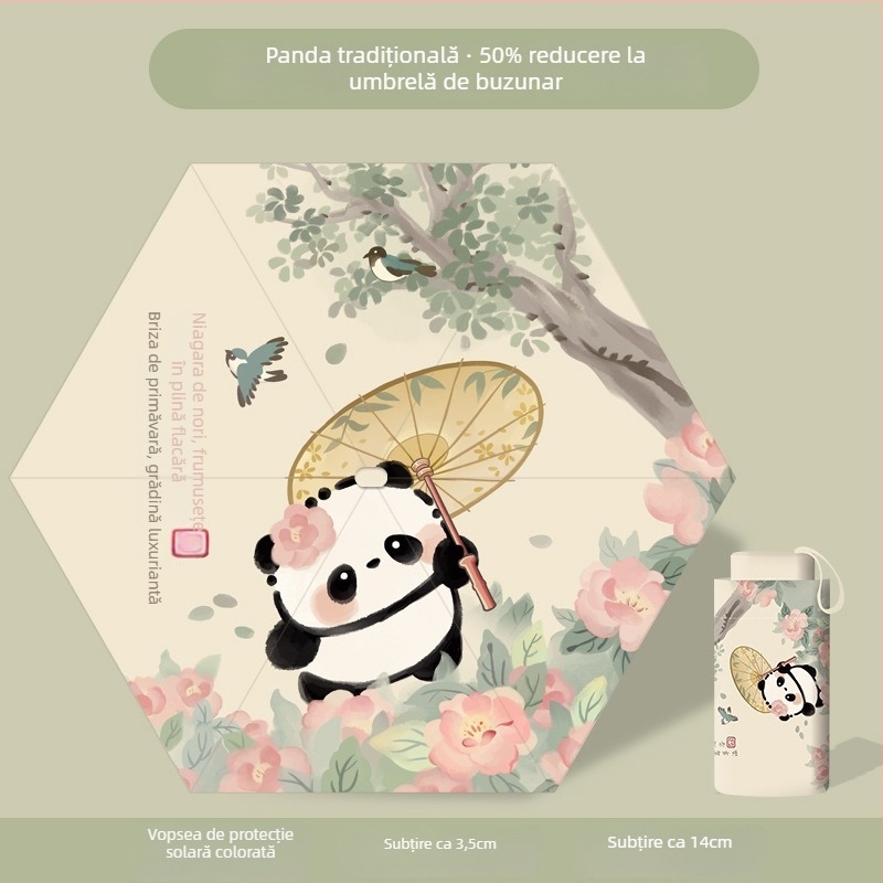 Umbrelă pliabilă pentru copii, cu design Panda, deschidere/închidere manuală, ramă cu 12 spițe, mâner din aluminiu