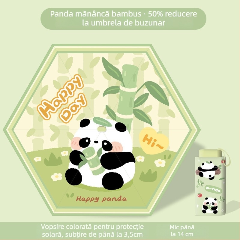 Umbrelă pliabilă pentru copii, cu design Panda, deschidere/închidere manuală, ramă cu 12 spițe, mâner din aluminiu