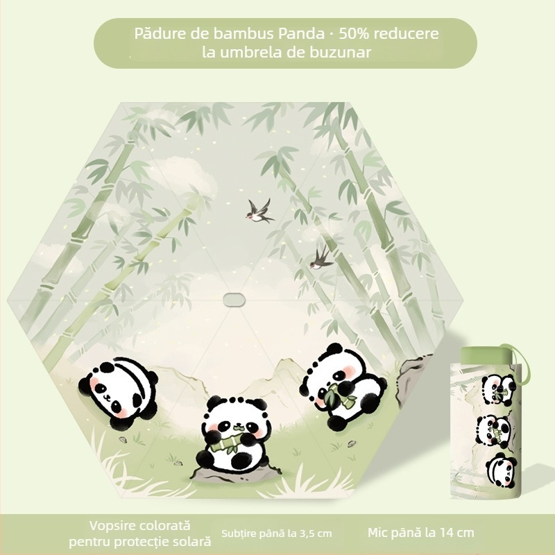 Umbrelă pliabilă pentru copii, cu design Panda, deschidere/închidere manuală, ramă cu 12 spițe, mâner din aluminiu