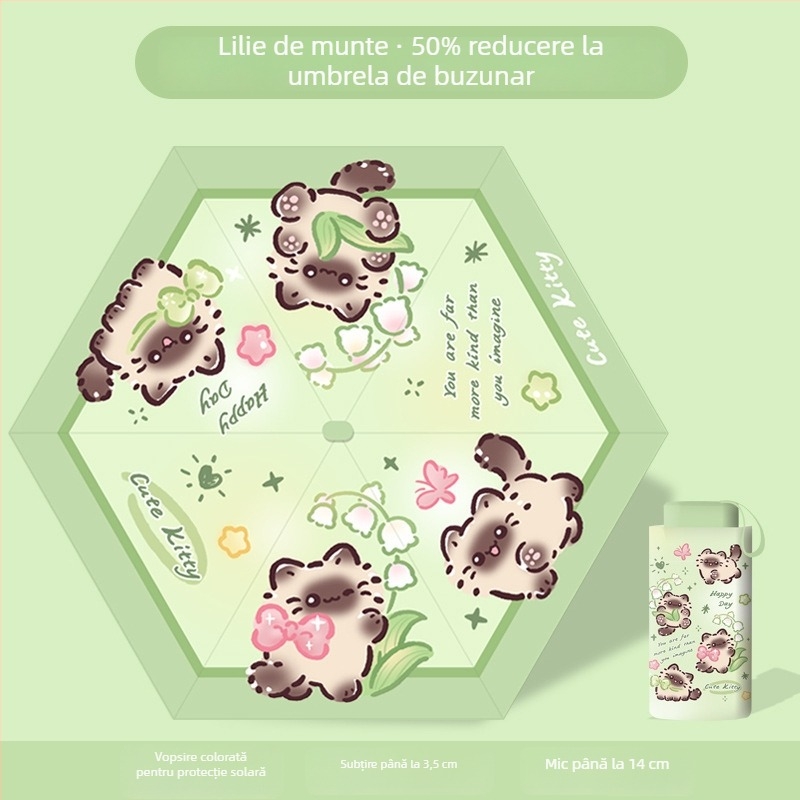 Umbrelă pliabilă pentru copii, cu design Panda, deschidere/închidere manuală, ramă cu 12 spițe, mâner din aluminiu