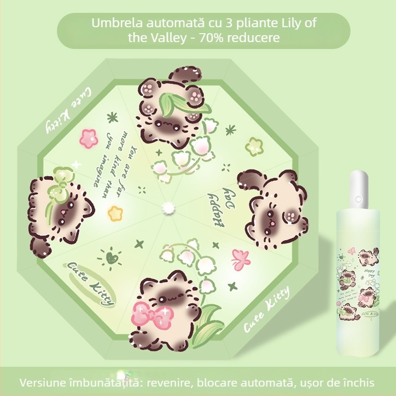 Umbrelă pliabilă pentru copii, cu design Panda, deschidere/închidere manuală, ramă cu 12 spițe, mâner din aluminiu