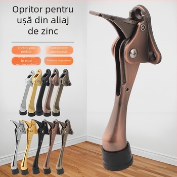 Poziționator de ușă din aliaj de zinc, cu pedală manuală cu arc, limitator din cauciuc în partea superioară, montat pe ușă, finisaj lustruit și electroplatat