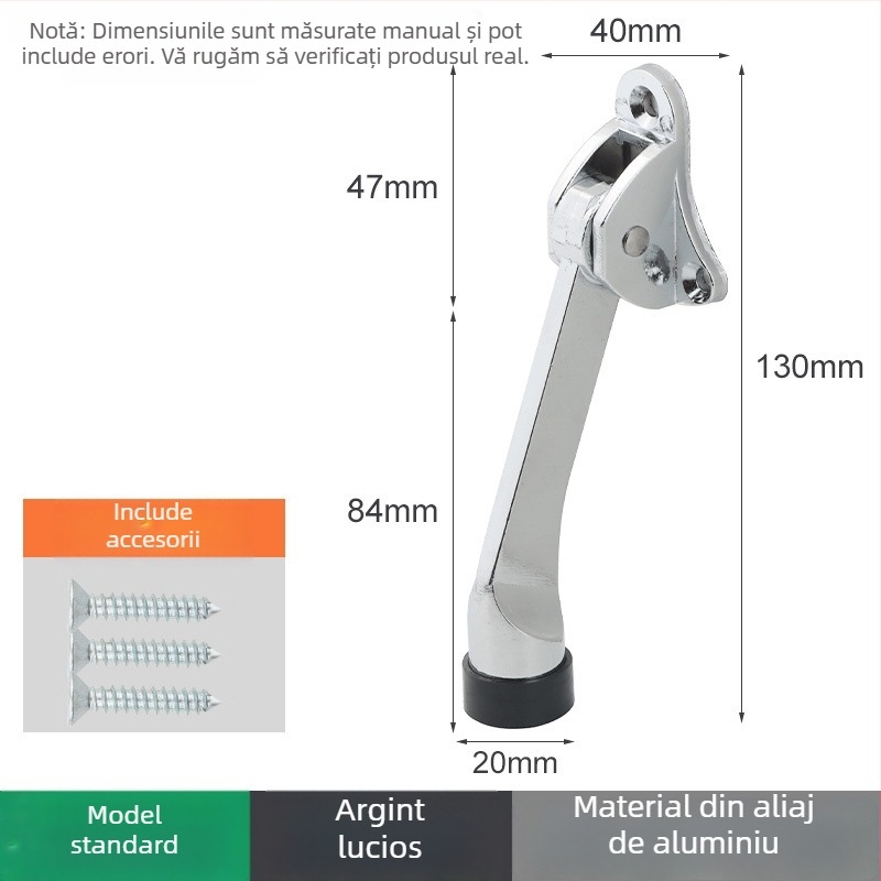 Poziționator de ușă din aliaj de zinc, cu pedală manuală cu arc, limitator din cauciuc în partea superioară, montat pe ușă, finisaj lustruit și electroplatat