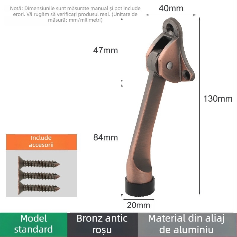 Poziționator de ușă din aliaj de zinc, cu pedală manuală cu arc, limitator din cauciuc în partea superioară, montat pe ușă, finisaj lustruit și electroplatat