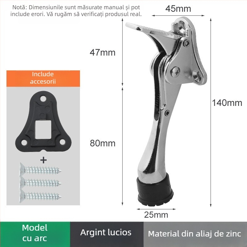 Poziționator de ușă din aliaj de zinc, cu pedală manuală cu arc, limitator din cauciuc în partea superioară, montat pe ușă, finisaj lustruit și electroplatat