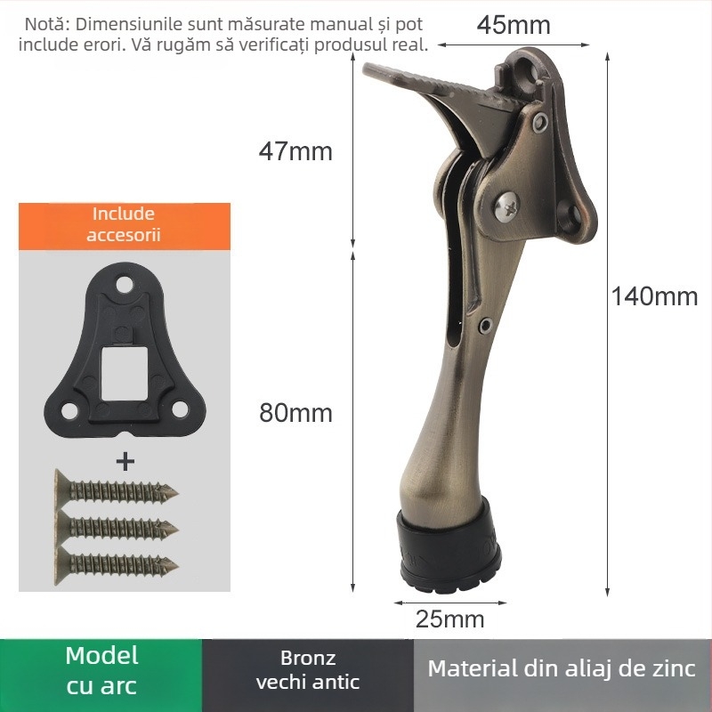 Poziționator de ușă din aliaj de zinc, cu pedală manuală cu arc, limitator din cauciuc în partea superioară, montat pe ușă, finisaj lustruit și electroplatat