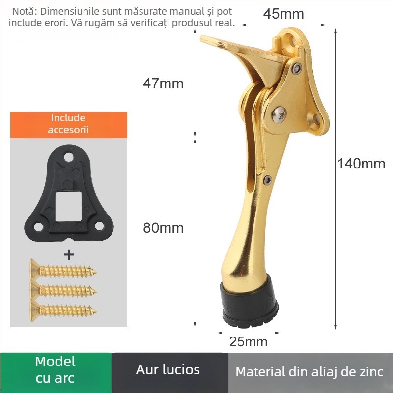 Poziționator de ușă din aliaj de zinc, cu pedală manuală cu arc, limitator din cauciuc în partea superioară, montat pe ușă, finisaj lustruit și electroplatat