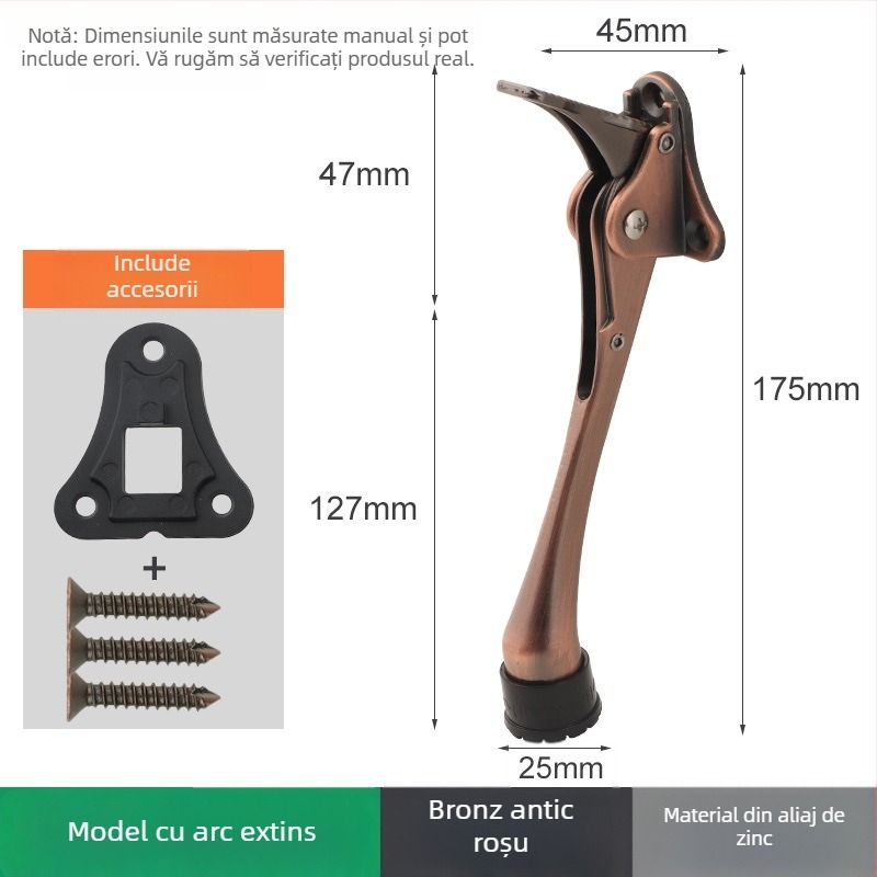 Poziționator de ușă din aliaj de zinc, cu pedală manuală cu arc, limitator din cauciuc în partea superioară, montat pe ușă, finisaj lustruit și electroplatat