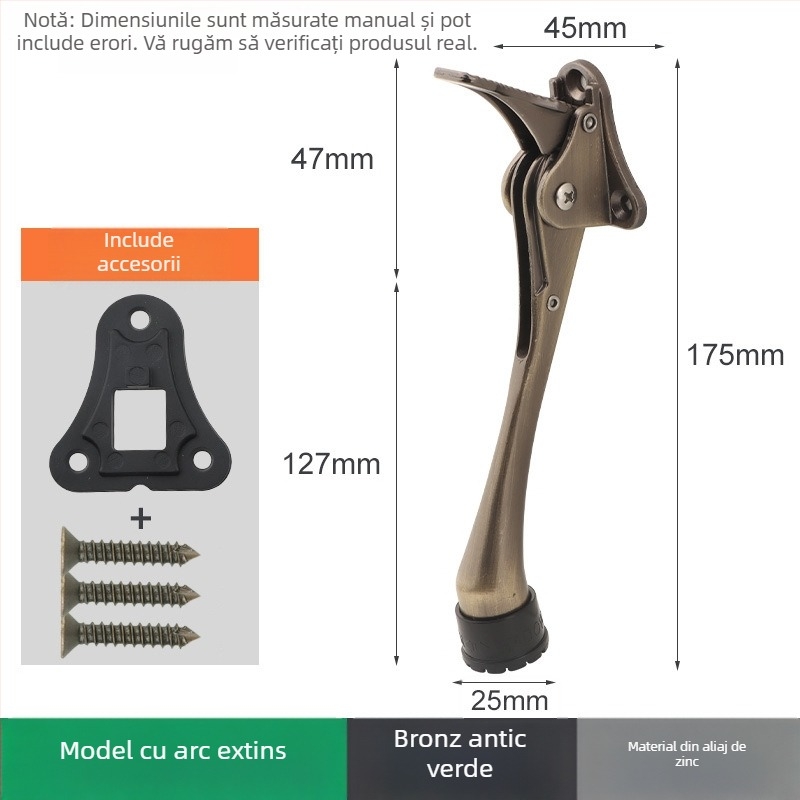 Poziționator de ușă din aliaj de zinc, cu pedală manuală cu arc, limitator din cauciuc în partea superioară, montat pe ușă, finisaj lustruit și electroplatat