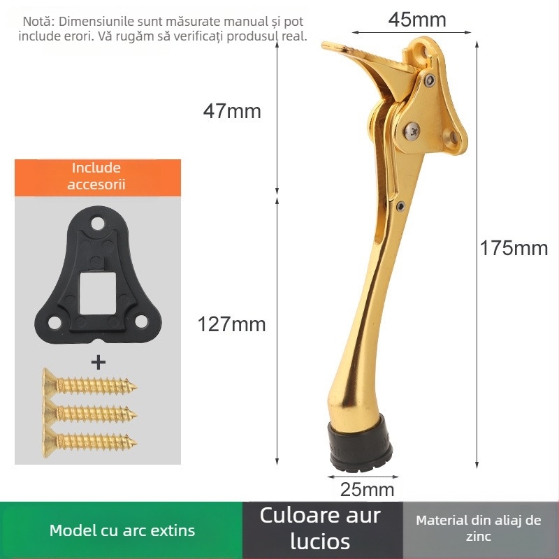 Poziționator de ușă din aliaj de zinc, cu pedală manuală cu arc, limitator din cauciuc în partea superioară, montat pe ușă, finisaj lustruit și electroplatat