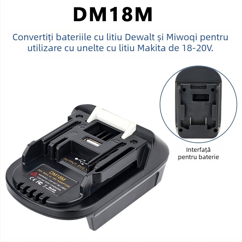 Adaptor DM18M pentru bateria Dewei 18-20V către uneltele Makita, convertor 5V 2.1A