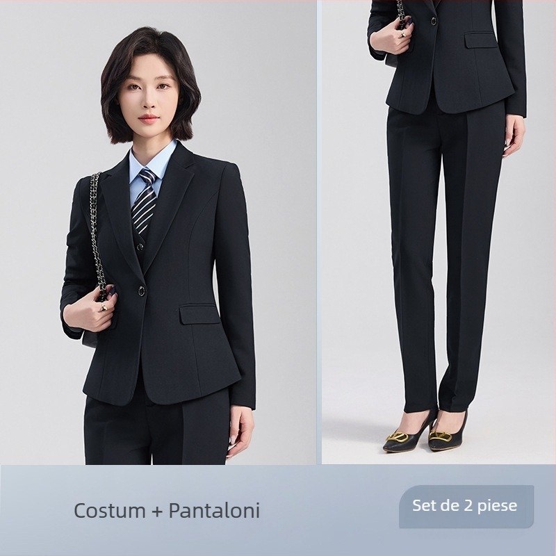 Set unisex vestă și sacou, stil business formal, rever notched, cu două nasturi, croială lejeră, poliester 70,4%