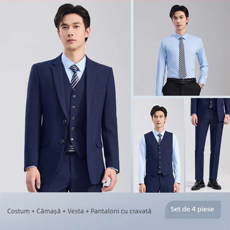 Set unisex vestă și sacou, stil business formal, rever notched, cu două nasturi, croială lejeră, poliester 70,4%