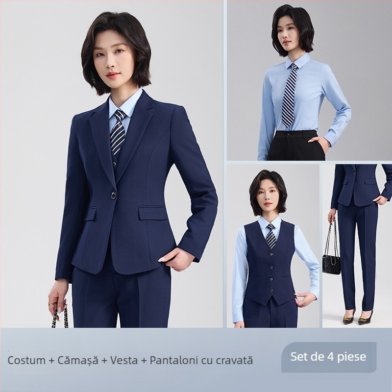 Set unisex vestă și sacou, stil business formal, rever notched, cu două nasturi, croială lejeră, poliester 70,4%