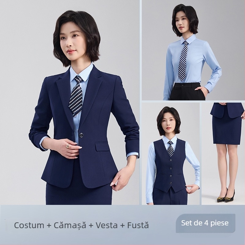 Set unisex vestă și sacou, stil business formal, rever notched, cu două nasturi, croială lejeră, poliester 70,4%