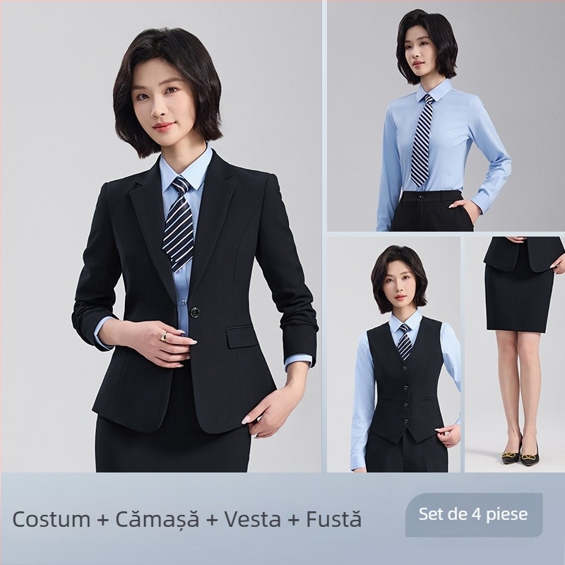 Set unisex vestă și sacou, stil business formal, rever notched, cu două nasturi, croială lejeră, poliester 70,4%
