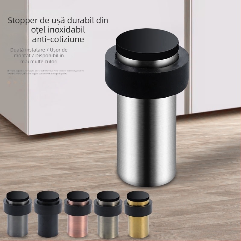 Stopper de ușă cu cap de cauciuc, oțel inoxidabil, montaj pe podea, placare electrogalvanică lucioasă, stil modern