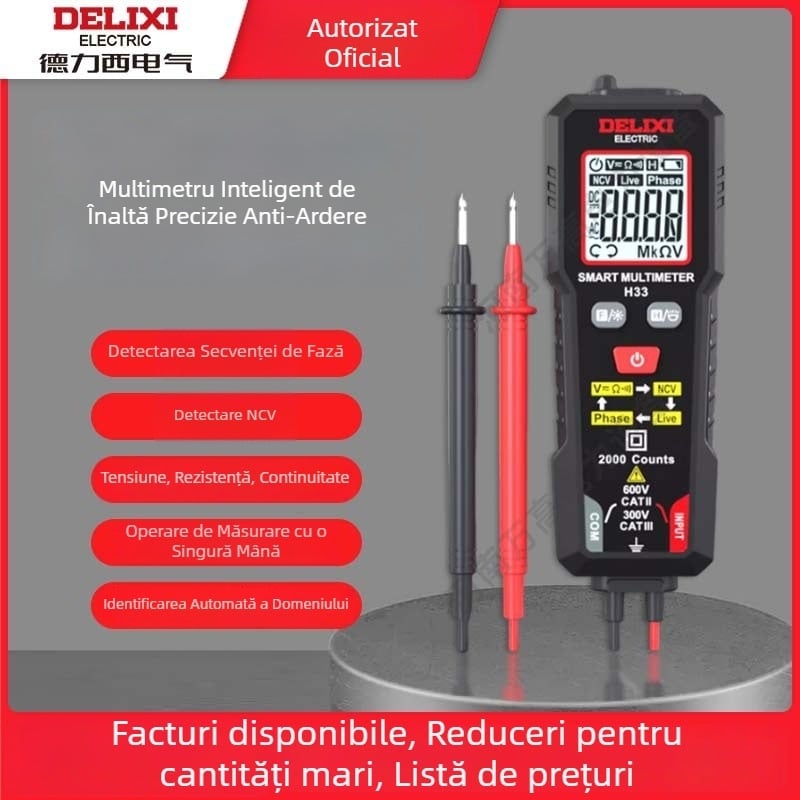 Delixi H33 Multimetru - Compact Portabil NCV pentru Secvența de Fază, Lanternă și Oprire Automată