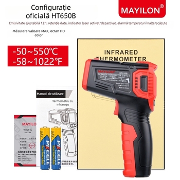 Termometru cu infraroșu HT650 Series - fără contact, termometru industrial pentru obiecte, interval -30°C până la 380°C, timp de reacție <0,5 s, afișaj LED